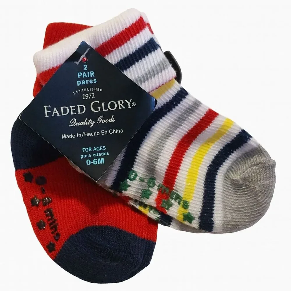 2 Pair Faded Glory Baby Infant Socks 0 - 6 Months Multicolored Striped Stars NEW
